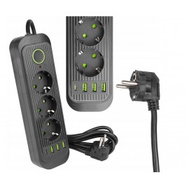 Prelungitor 3 x Prize schuko 3 x USB 1 x USB-C 2m cablu 3x1mm negru verde