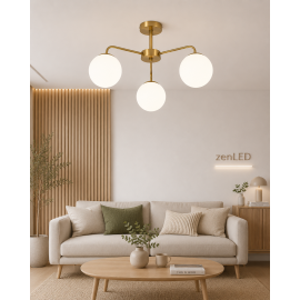 Candelabru Modern Auriu Scandinav 3 x E27 cu glob alb 50cm x 30cm inaltime 3 brate ZenLED®