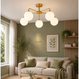 Candelabru Modern Auriu Scandinav 5 x E27 cu glob alb 50cm x 30cm inaltime 5 brate ZenLED®