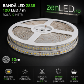 Banda LED 24V 2835 120 buc/m interior rola 10m 9W ZenLED