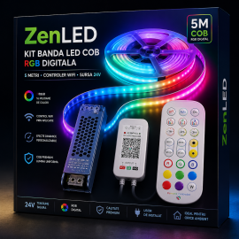 Kit Banda LED COB RGB Digital Running cu Telecomanda si Wifi din aplicatie, 5 metri cu transformator ZenLED