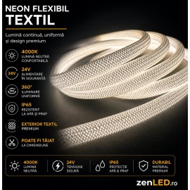 Tub Neon LED flexibil Textil 360 grade 4000k, 6mm grosime 24v 720 lumeni pe metru rola 5m ZenLED